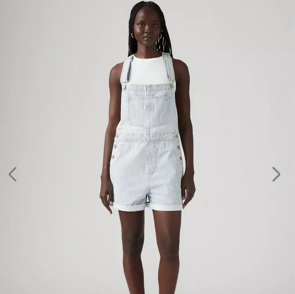 Striped Cotton Short Overalls - White/Light Blue - Oversized
